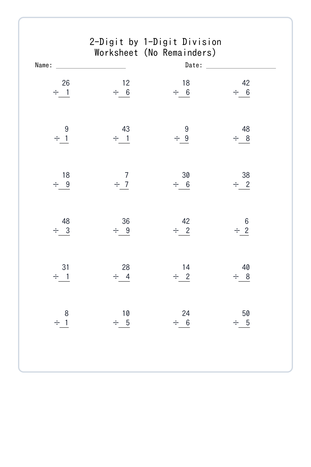 1st Grade Division (No Remainders) - Free Printable PDF | 123LearningFun