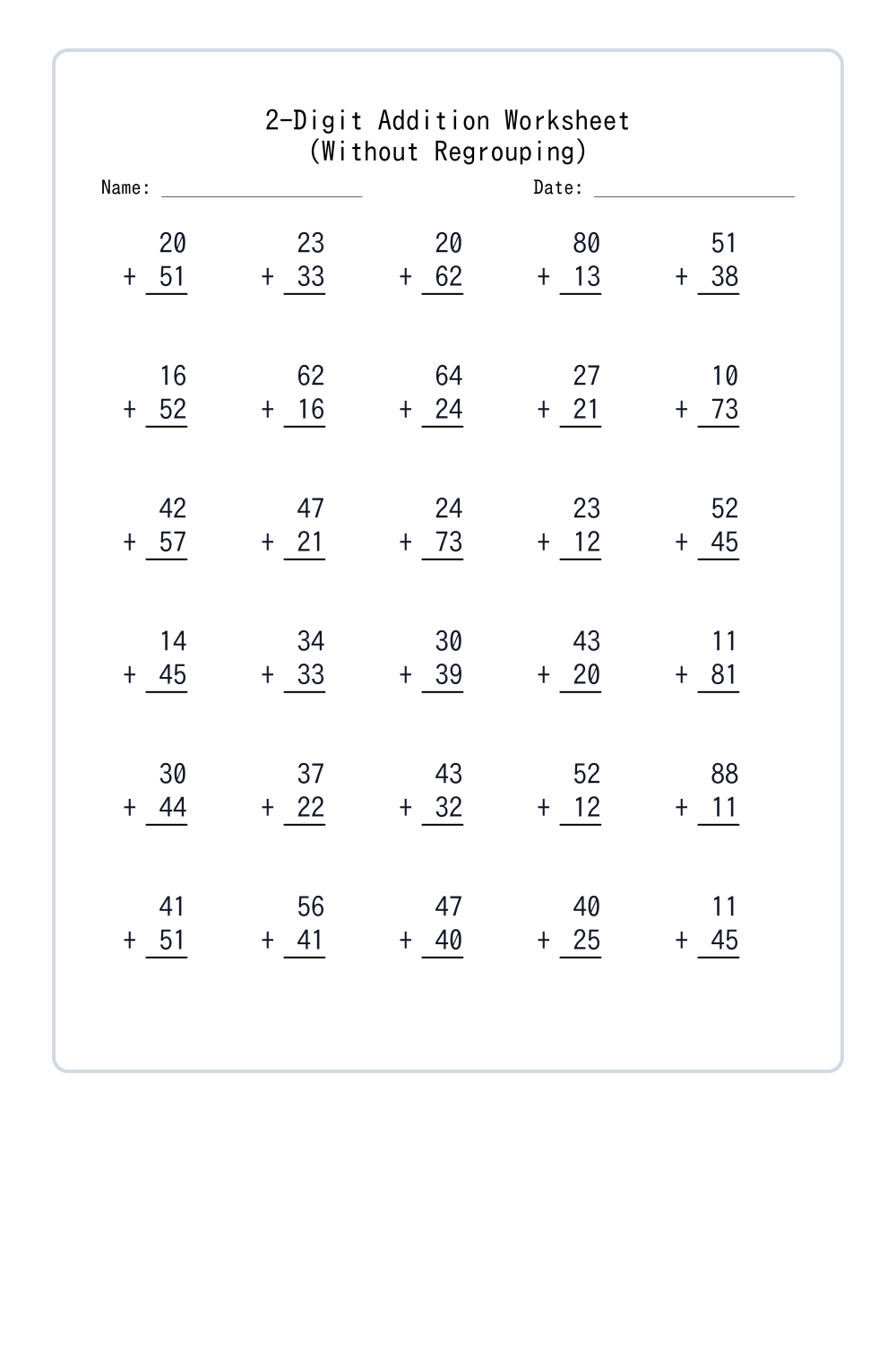 1st Grade Double Digit Addition Worksheets Large Print Set 1 - Free ...