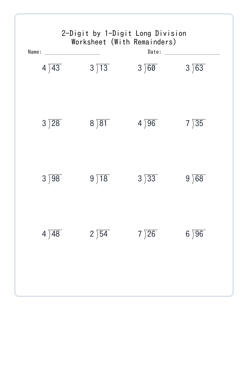 1st Grade Long Division (Challenge Set) - Free Printable PDF ...