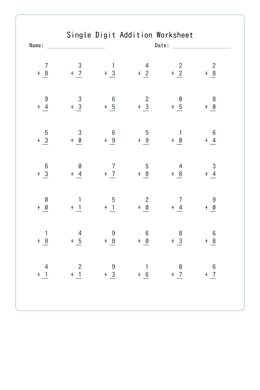 1st Grade Single Digit Addition Worksheets Set 1 - Free Printable PDF ...