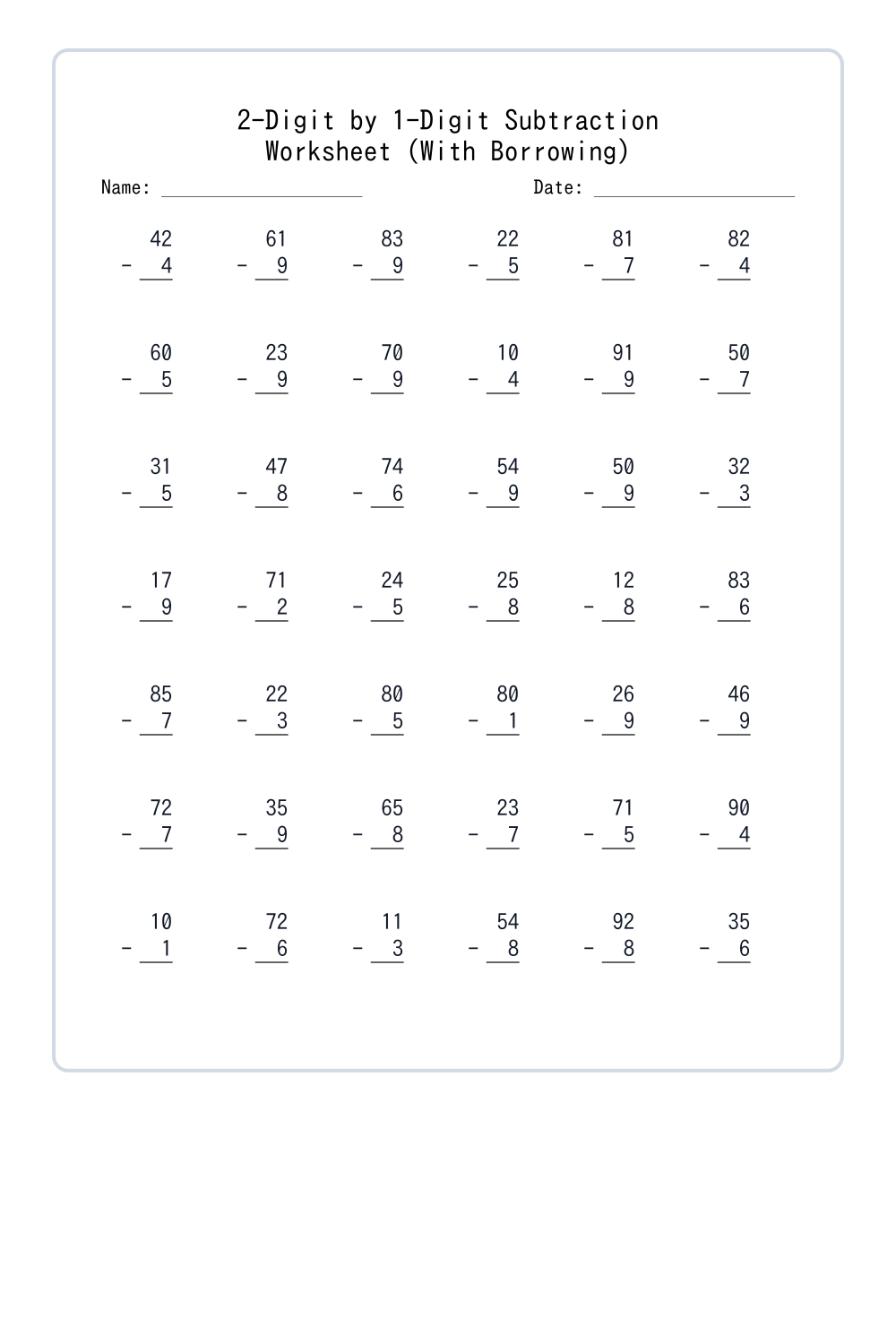 1st Grade Subtraction Worksheets (With Borrowing) Set 1 - Free ...