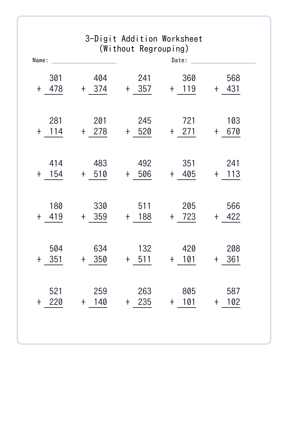 4th Grade Addition Worksheets (Without Regrouping) Large Print Set 1 ...
