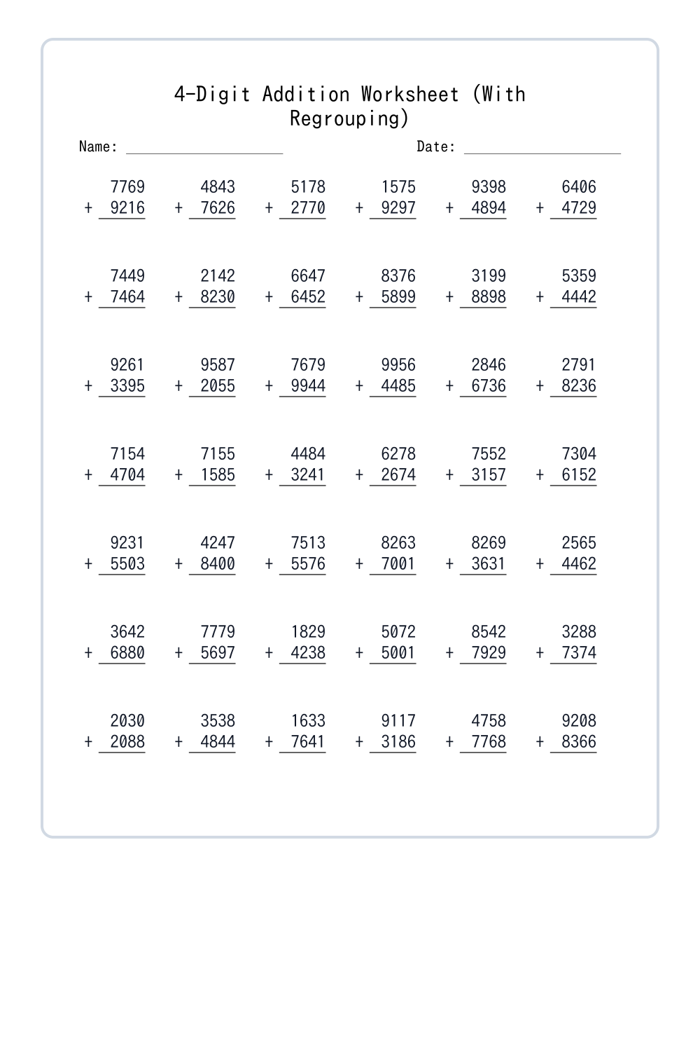 4th Grade Challenging Addition Worksheets Set 1 - Free Printable PDF ...