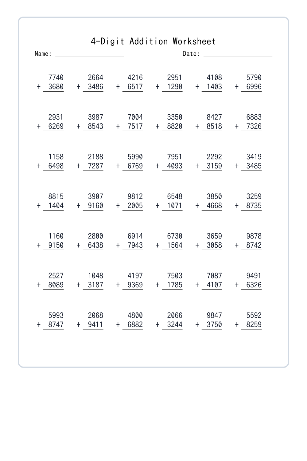 4th Grade Multi Digit Addition Worksheets Set 1 - Free Printable PDF ...