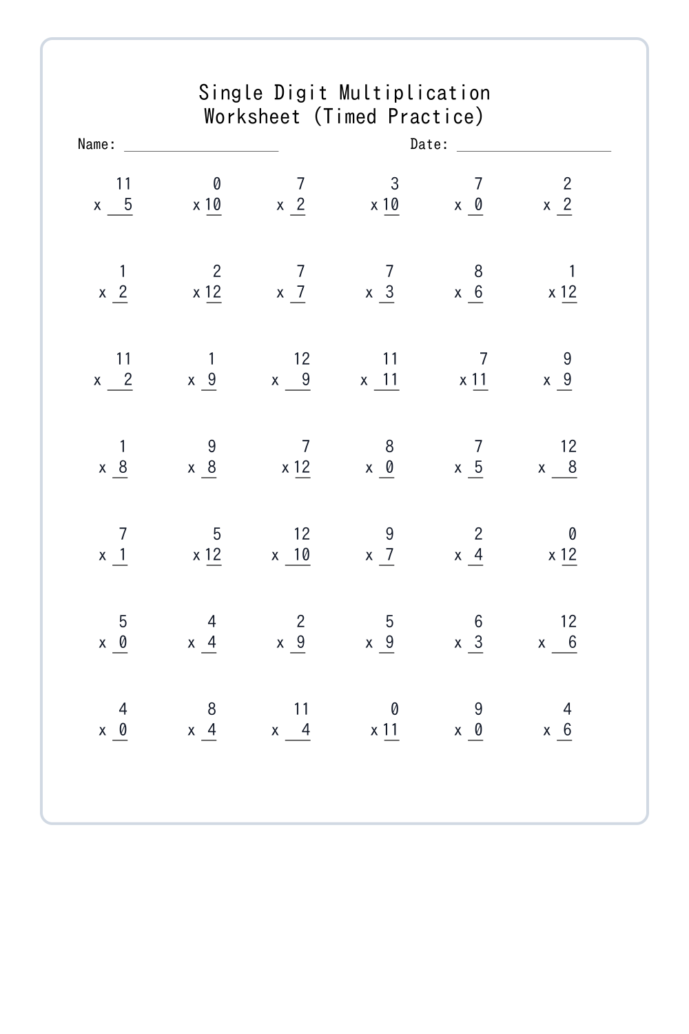 5th Grade Speed Multiplication Drills Set 1 - Free Printable PDF ...