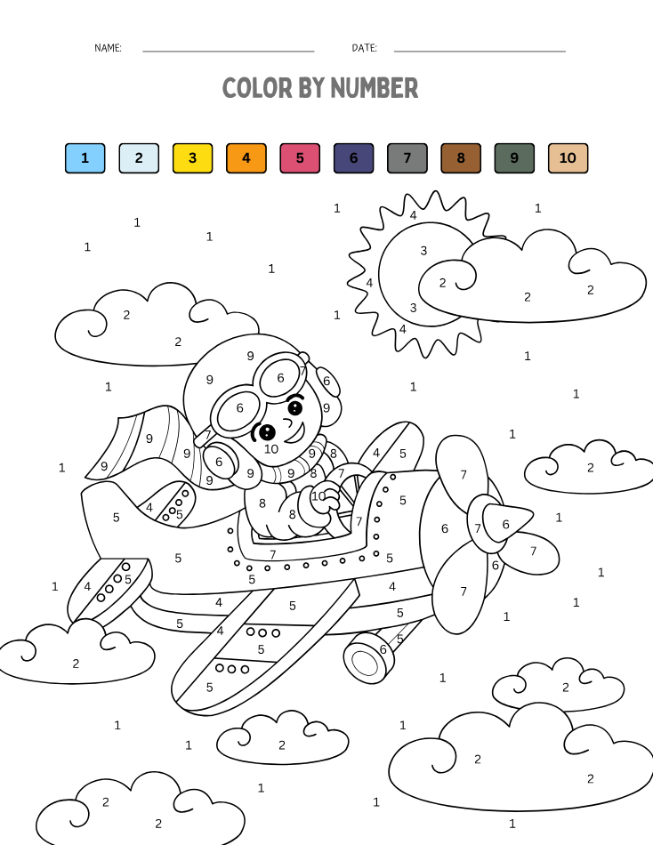 Preschool Airplane Color by Number Worksheet - Free Printable PDF preview
