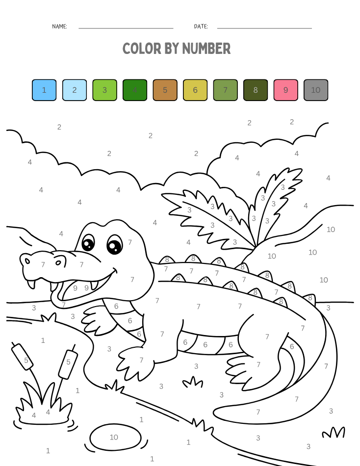 Preschool Alligator Color by Number Worksheet - Free Printable PDF preview