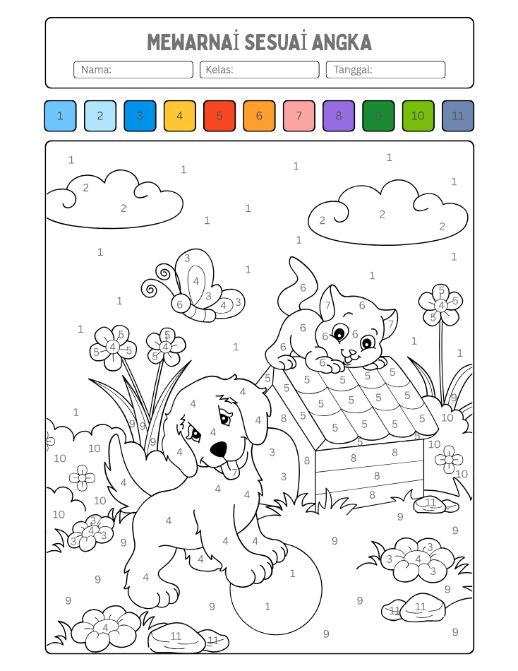 Preschool Cat and Dog Color by Number Worksheet - Free Printable PDF preview