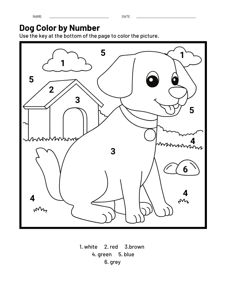 Preschool Dog Color by Number Worksheet - Free Printable PDF preview