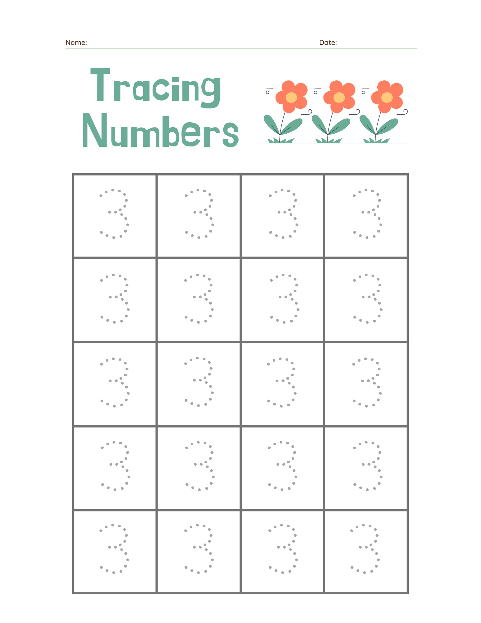 Preschool Number 3 Tracing Practice - Free Printable PDF preview
