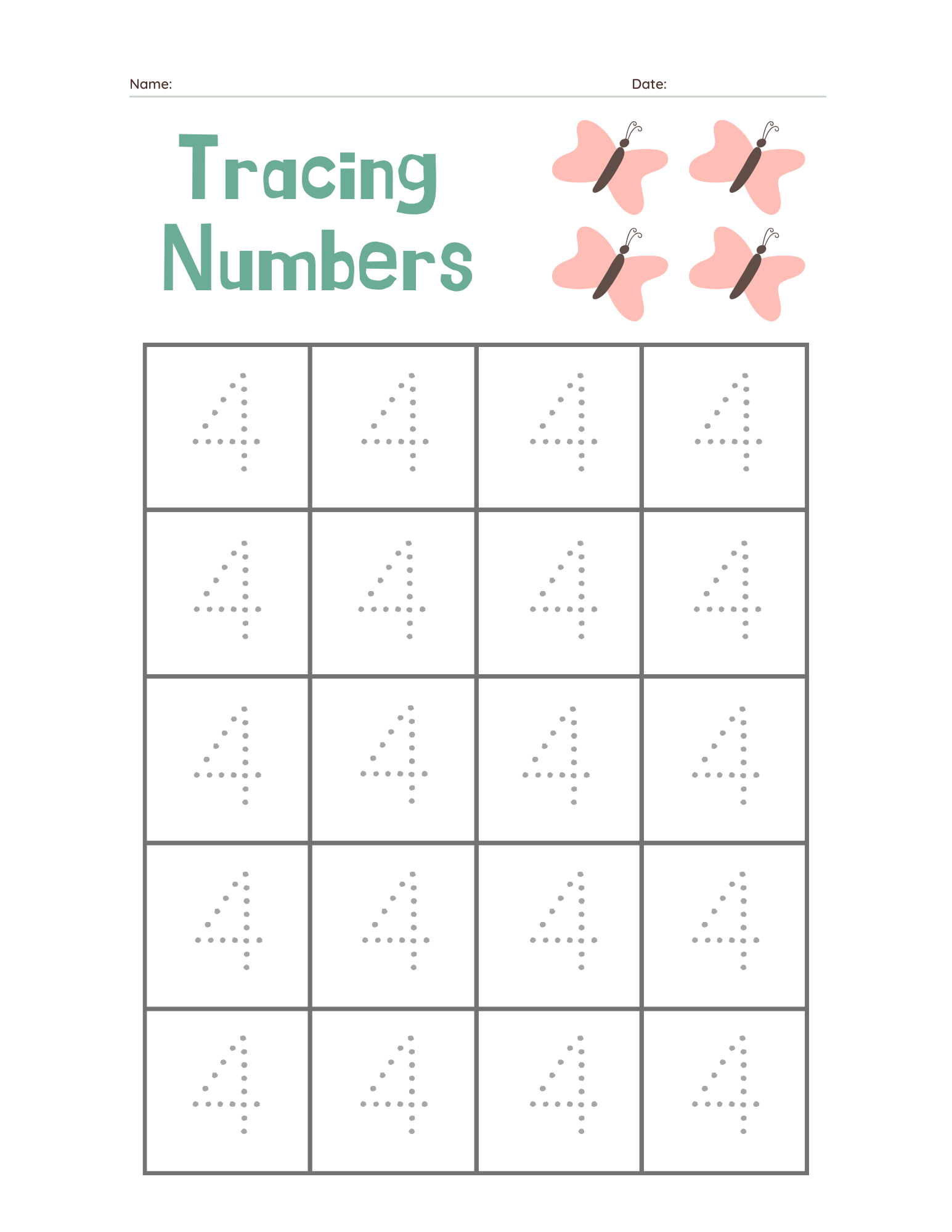 Preschool Number 4 Tracing Practice - Free Printable PDF preview