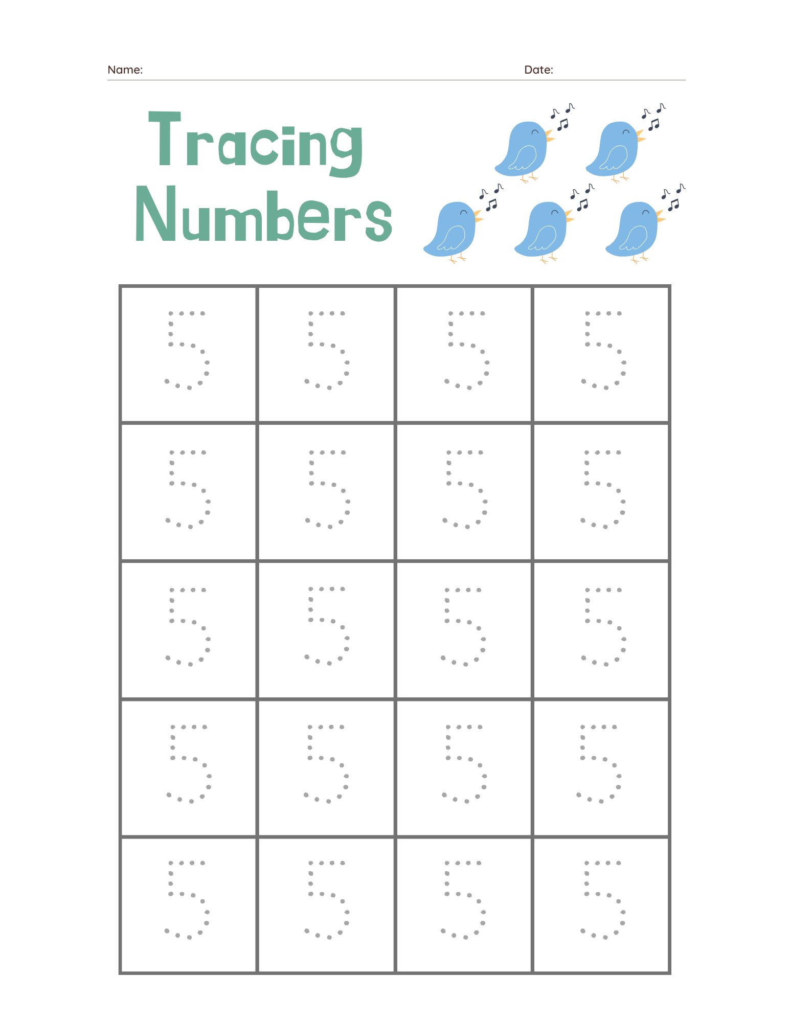 Preschool Number 5 Tracing Practice - Free Printable PDF preview