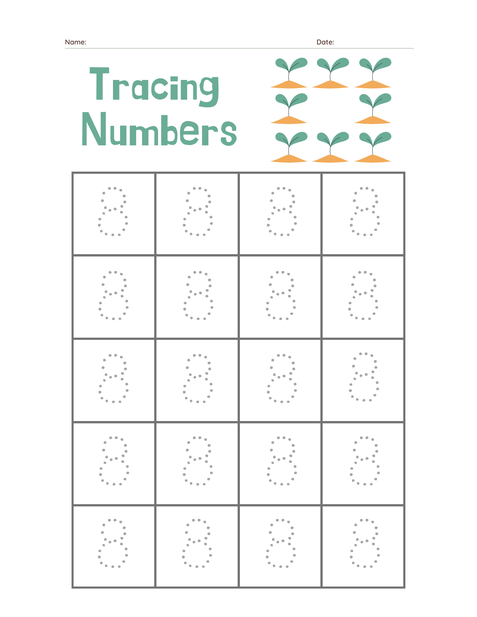 Preschool Number 8 Tracing Practice - Free Printable PDF preview